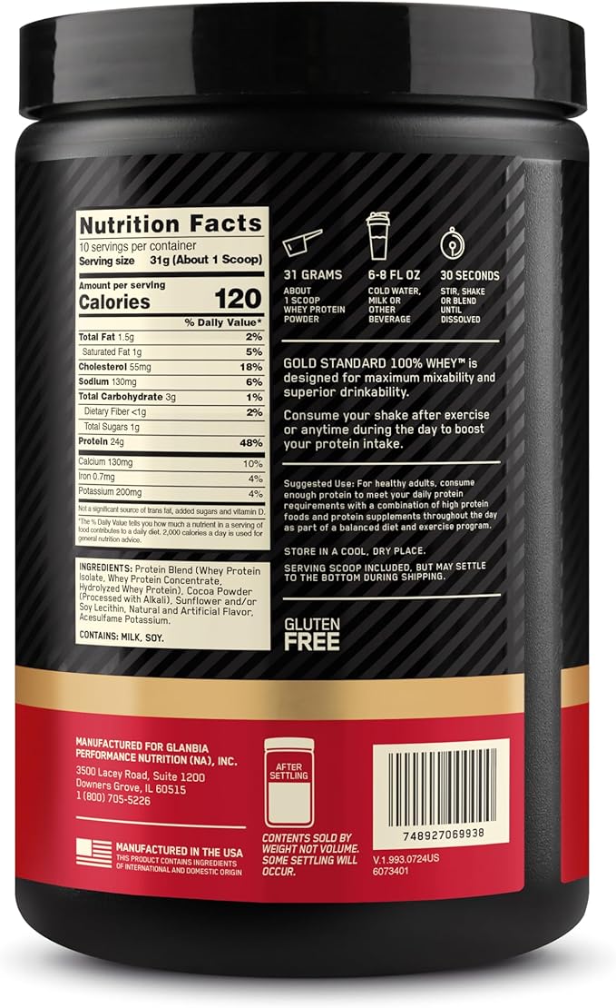Optimum Nutrition Gold Standard 100% Whey Protein Powder, Double Rich Chocolate, 0.68 Pound (Pack of 1)