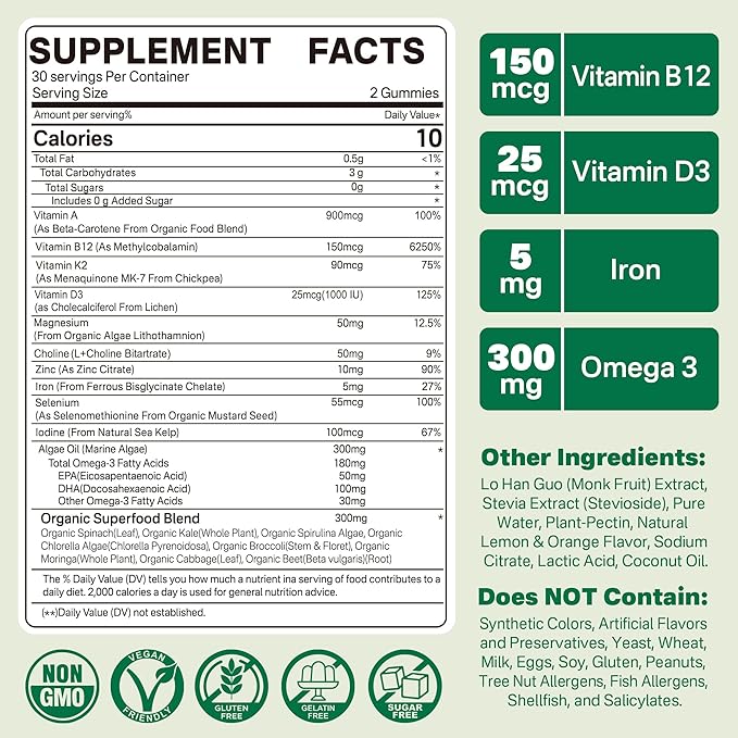 NEVISS (2 Pack) Vegan Multivitamin for Women & Men with Methyl B12, D3 K2, Plant Based Omega 3, Iron, Choline, Zinc, Whole Food Daily Vitamins Gummies for Vegans & Vegetarians, Sugar Free