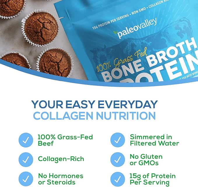 Paleovalley 100% Grass Fed Beef Bone Broth Protein Powder - Rich in Collagen Peptides for Hair, Skin, Gut Health, Bone and Joint Support - 15g Protein Per Serving - No Gluten or GMOs