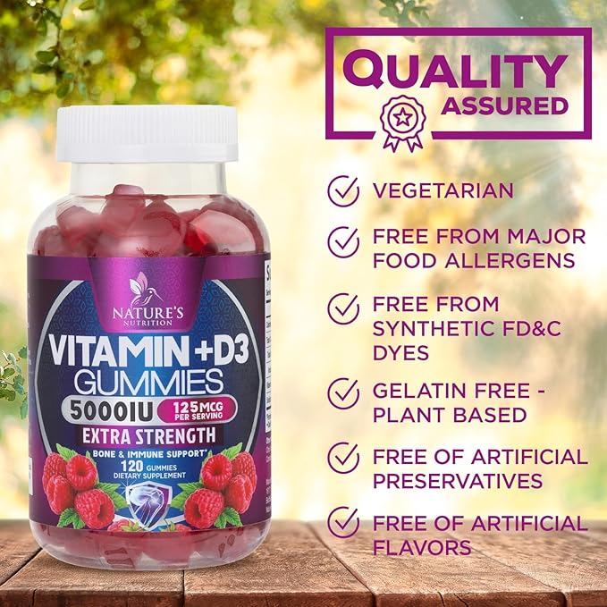 Vitamin D3 Supplement Gummy 5000 IU (125 mcg) Dietary Vitamins D for Men & Women - Bone, Teeth, Muscle and Immune Health Support, High Potency VIT D3 Nature's Non-GMO & Gluten Free - 120 Gummies