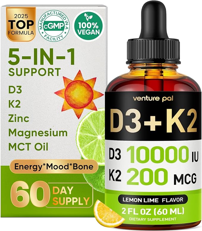 Venture Pal 5-in-1 Vitamin D3 10000 IU & K2 as MK-7 200mcg with Magnesium, MCT Oil, Zinc, Sugar-Free Vitamin D Liquid |Maximum Absorption for Bone, Mood & Immune Health - 2 FL OZ, 60 Days