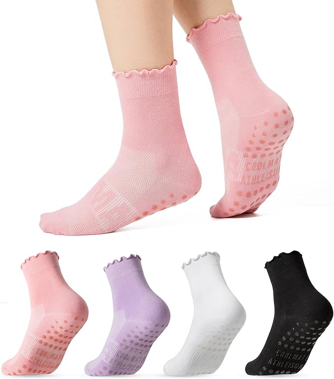 CoolMate 2/3/4 Pairs Pilates Socks with Grips for Women, Cute Yoga Socks, Crew Non Slip Women for Barre, Pilates Gifts