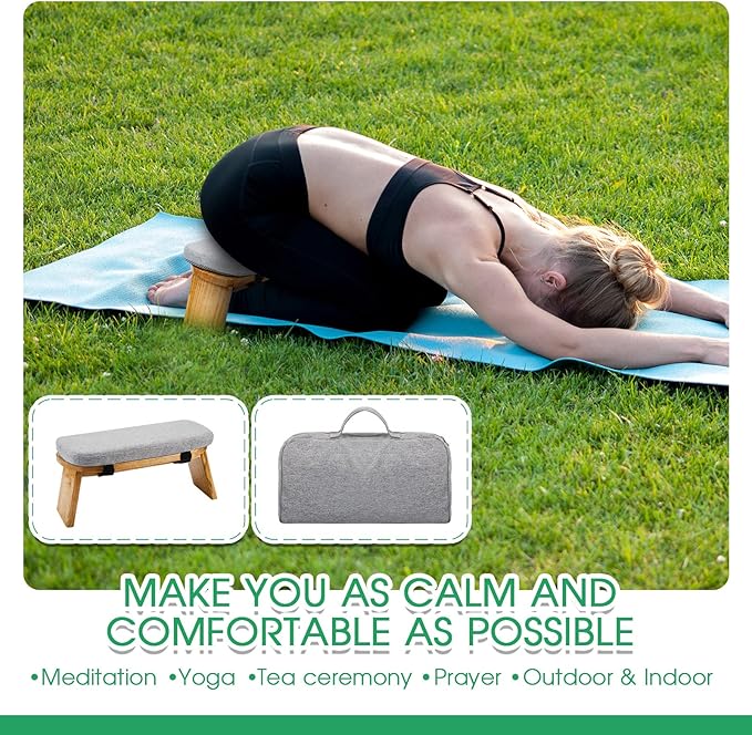Meditation Bench with Carrying Bag, Meditation Kneeling Stool Portable Yoga Meditation Bench Ergonomic Foldable Prayer Stool with Soft Cushion for Kneeling Sitting Prayer Extended Practice