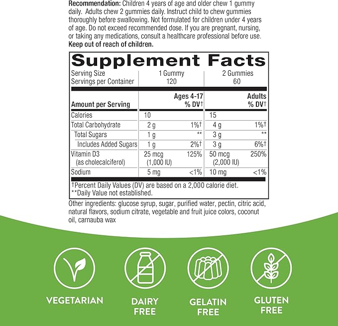 Nature's Way Vitamin D3 Gummies, Supports Immune and Bone Health*, 2000 IU (50 mcg) per 2-Gummy Serving, Mixed Fruit Flavored, 120 Gummies (Set of 2)