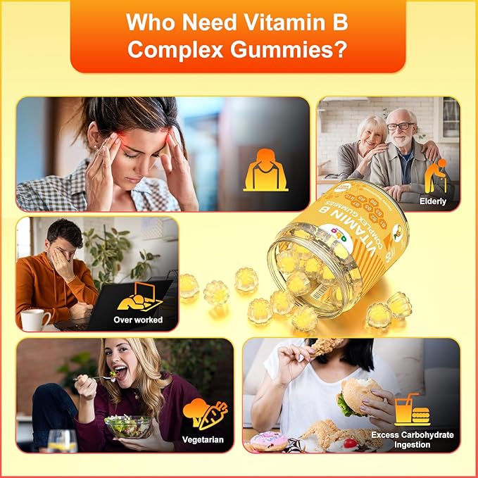 Vitamin B Complex Gummies for Adult Kid-Pineapple Flavor-Chewable Supplement with 8 Essential B Vitamins (B1, B2, B3, B5, B6, B7, B9, B12) Non GMO,Vegan 60 Count
