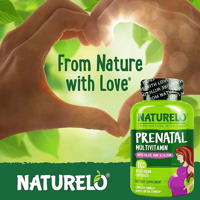 NATURELO Prenatal Multivitamin with Gentle Chelated Iron, Methyl Folate, Plant Calcium & Choline - Vegan, Vegetarian - Non-GMO - Gluten Free - 180 Capsules - 4 Month Supply (Pack of 2)