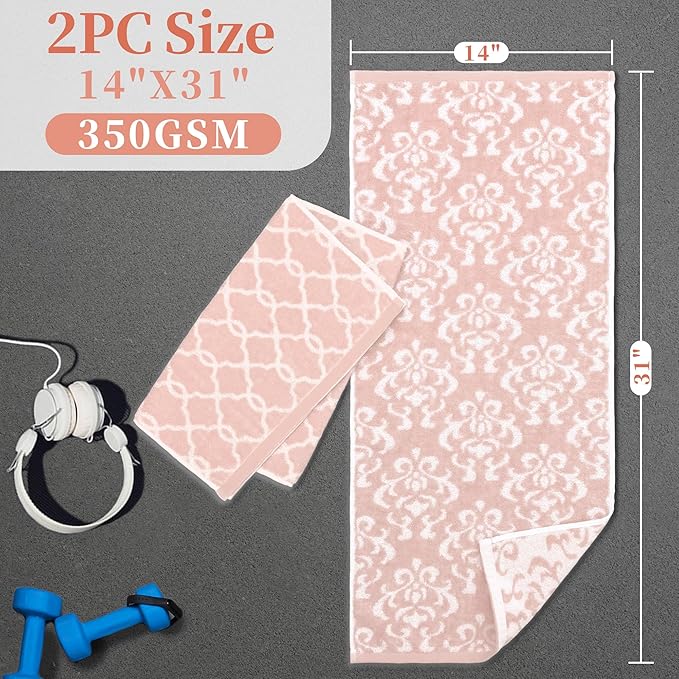 Workout Towels for Gym - 100% Cotton, Breathable, Soft & Absorb - Sweat Towel for Men & Women, Sports Hand Towel for Yoga, Shower, Tennis, Running, Exercise & Fitness, Pink Damask and Checkered