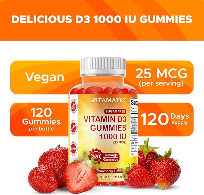 Vitamatic Sugar Free Vitamin D3-120 Pectin Based Gummies - Great Taste - Healthy Bones, Mood & Immune System Function - Non-GMO - 120 Servings (1000 IU)