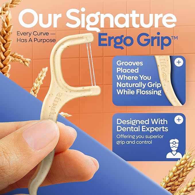 SmartLifeco Eco-Friendly Dual-Thread Dental Floss Picks (200ct) - Flossers Made with Straw Wheat Blend, Proven Anti-Shred for Tight Gaps, Tooth Pick Stick for Adults, Soft on Gum & Teeth, Unflavored