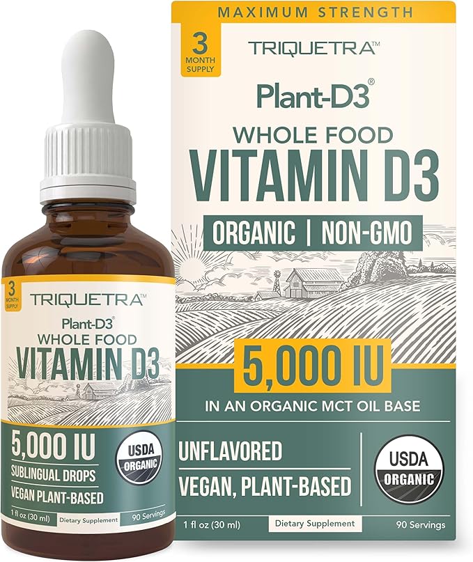 Plant-D3 Organic Vitamin D3 5000 IU - Vegan, Max Strength Sublingual Liquid D3 Drops - 200% Higher Absorption - 100% Plant-Based Cholecalciferol Form - Adjustable Dosing for All Ages (1oz Liquid)