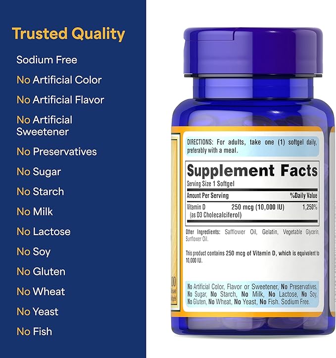 Puritan's Pride Premium Sunvite™ Mega-Potency Vitamin D3 10,000 IU, Dietary Supplement for Healthy Bones, Teeth, and Immune System Support, 100 Rapid Release Softgels