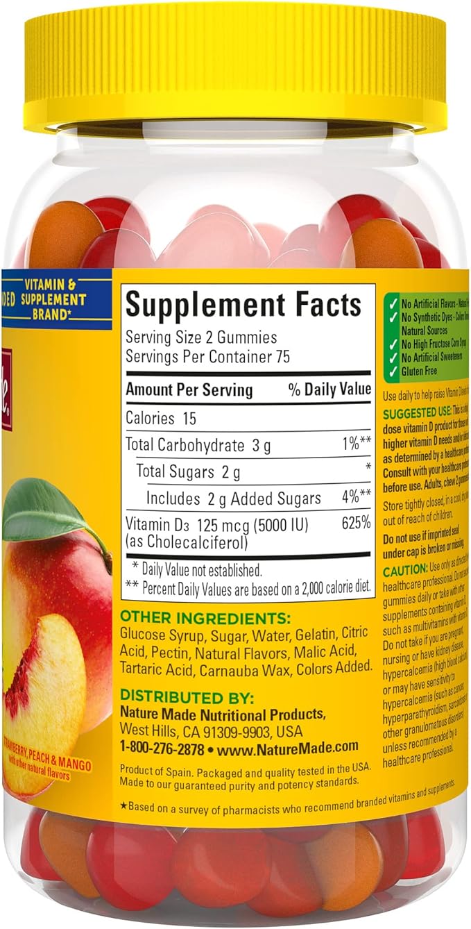 Nature Made Vitamin D3 5000 IU Per Serving Gummies Extra Strength, Bone and Immune Health Support, 150 Vitamin D Gummies for Adults, 75 Day Supply