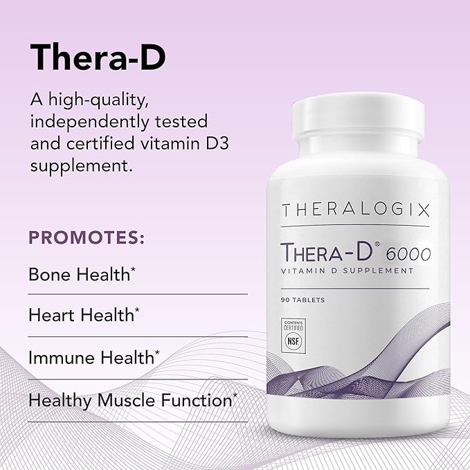 Theralogix Thera-D 6000 Vitamin D Supplement - 6,000 IU (150 mcg) Vitamin D3 Tablets - 90-Day Supply - Immune Support Supplement for Women & Men - Aids Bone & Heart Health - NSF Certified - 90 Tablets