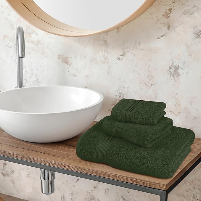 Belizzi Home Ultra Soft 3 Pack Cotton Towel Set, Contains a Bath Towel 28x55 inch, a Hand Towel 16x24 inch & a Wash Coth 12x12 inch, Ideal Everyday use, Compact & Lightweight - Olive Green