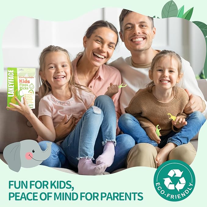 Biodegradable Kids Flossers, Cute Elephant Floss Picks, No Fluoride BPA Free Eco Friendly Dental Floss Picks, Mint Flavored, 2 Colors, 50 Count (Pack of 4)