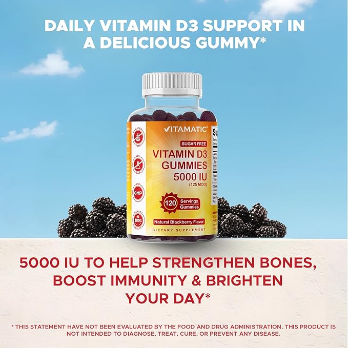 Vitamatic Sugar Free Vitamin D3 5000 IU - 120 Gummies - Great Taste - Healthy Bones, Mood & Immune System Function - Non-GMO - 120 Servings (5000 IU)