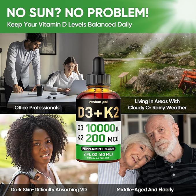 Venture Pal 5-in-1 Vitamin D3 10000 IU & K2 as MK-7 200mcg with Magnesium, MCT Oil, Zinc, Sugar-Free Vitamin D Liquid |Maximum Absorption for Bone, Mood & Immune Health - 2 FL OZ, 60 Days
