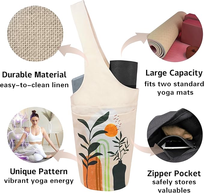 Yoga Mat Bag Carrier for Women with Side Large Pocket Durable Linen Workout Gym Travel Storage Pilates Mats