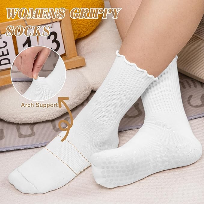 Justay 6 Pairs Womens Pilates Socks with Grips Crew Non Slip Ruffle Cotton for Athletic Workout Barre Hospital Yoga Socks