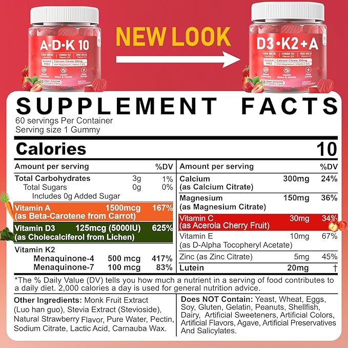 Vitamin D3 10000iu + K2 MK7 + A Gummies with Calcium Magnesium Zinc for Women & Men, High Potency ADK Vitamin Supplement Supports Healthy Immune System, Bone and Vision Function, Sugar Free 120 Cts
