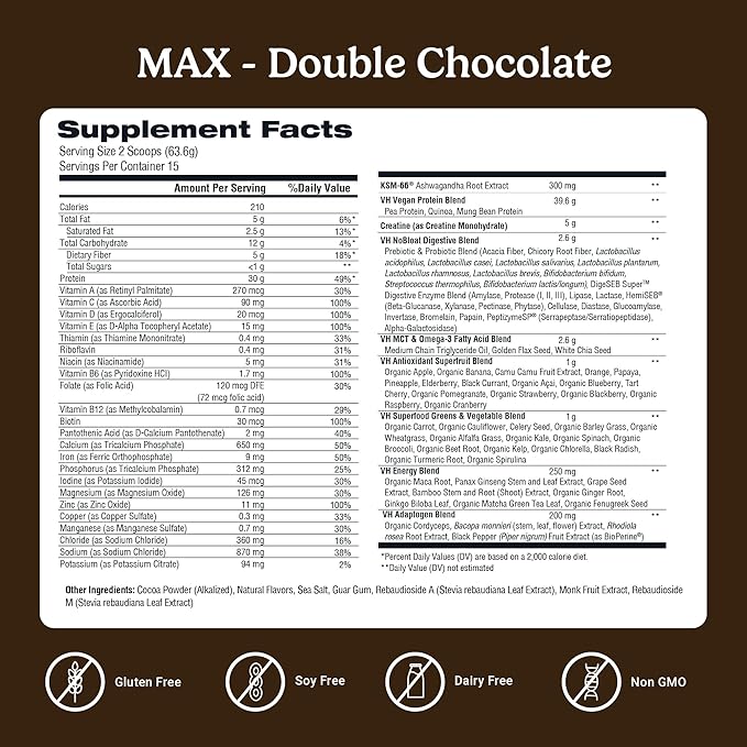 VitaHustle ONE Max Protein + 5g Creatine, 30g Plant Protein Powder, All-in-One Meal Replacement Shake with Greens, Adaptogens, Ashwagandha, Probiotics & Vitamins – Double Chocolate, 15 Servings