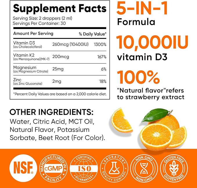 Venture Pal 5-in-1 Vitamin D3 10000 IU & K2 as MK-7 200mcg with Magnesium, MCT Oil, Zinc, Sugar-Free Vitamin D Liquid |Maximum Absorption for Bone, Mood & Immune Health - 2 FL OZ, 60 Days