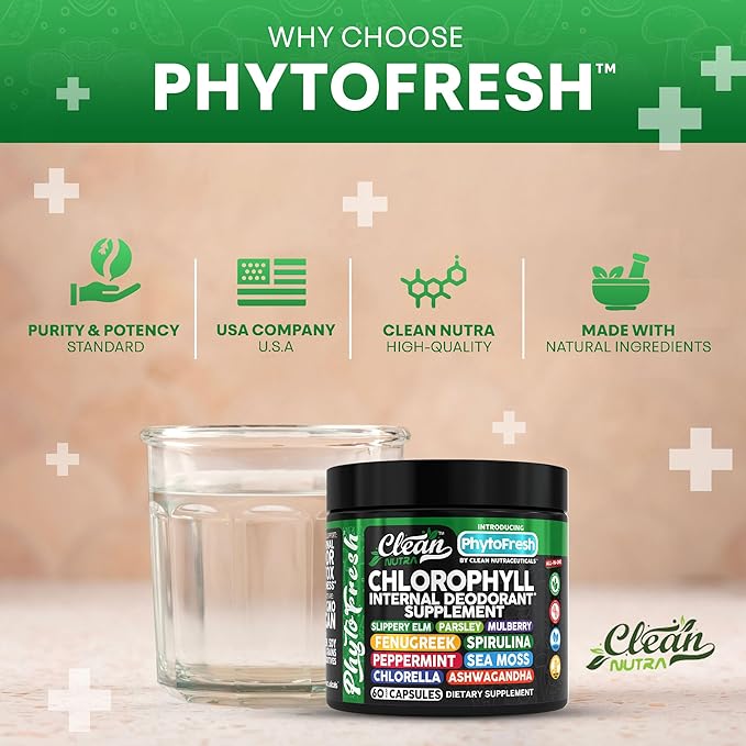 Clean Nutra Chlorophyll Capsules Supplement Internal Deodorant Peppermint, Sea Moss, Parsley, Chlorella, Spirulina, Slippery Elm, Ashwagandha, PhytoFresh Greens Detox Pills