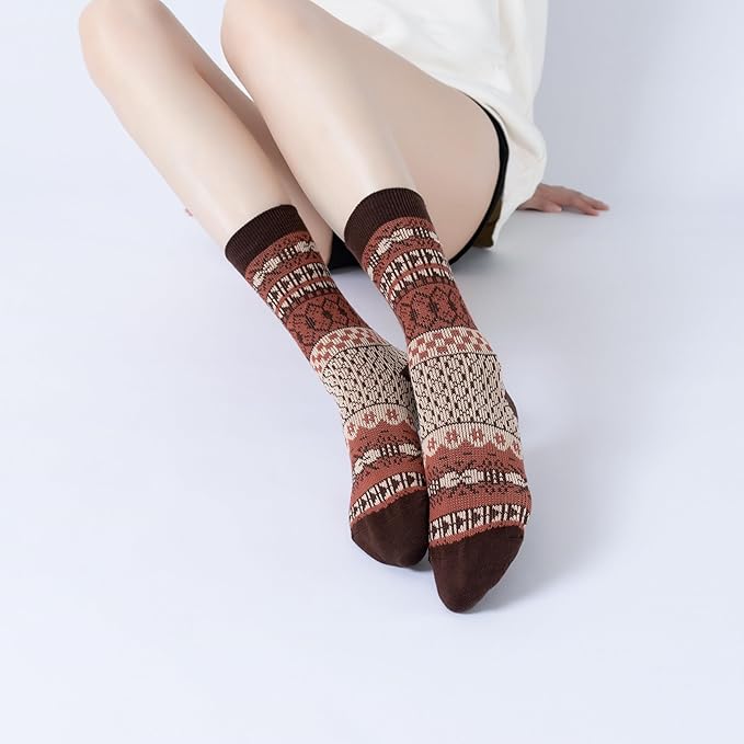 Yoga Pilates Socks with Grips for Women Knit Patterned Non Slip Cushioned Crew Socks for Barre Ballet Dance