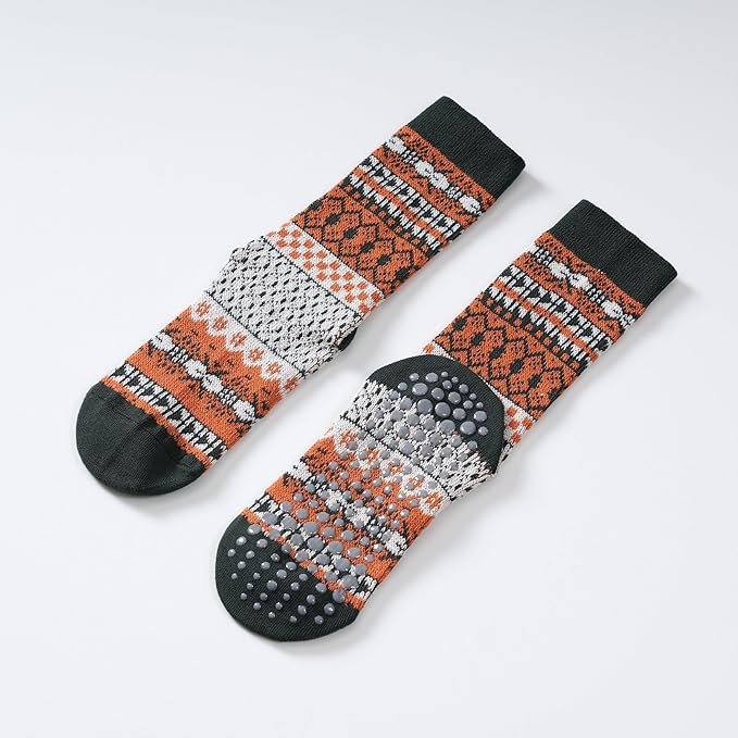 Yoga Pilates Socks with Grips for Women Knit Patterned Non Slip Cushioned Crew Socks for Barre Ballet Dance