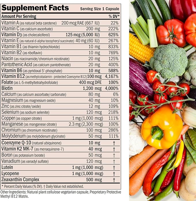 ANDREW LESSMAN Essential-1 nuonce max Multivitamin 5000 IU Vitamin D3 60 Small Capsules. 100 mcg Methyl B12. CoQ10 Lutein Lycopene Zeaxanthin. High Potency. No Additives. Ultra-Mild One Daily Capsule