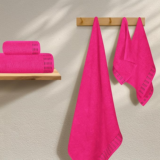 Ultra Soft 6 Pack Cotton Towel Set, Contains 2 Bath Towels 28x55 inch, 2 Hand Towels 16x24 inch & 2 Wash Coths 12x12 inch, Ideal Everyday use, Compact & Lightweight - Hot Pink