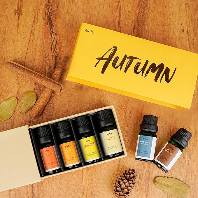 Autumn Essential Oils, MitFlor Fall Fragrance Oils for Candle Soap Making, 10ml x 6 Essential Oils for Diffusers for Home, Aromatherapy Gift Set for Halloween, Pumpkin Pie, Maple Syrup & Autumn Walk