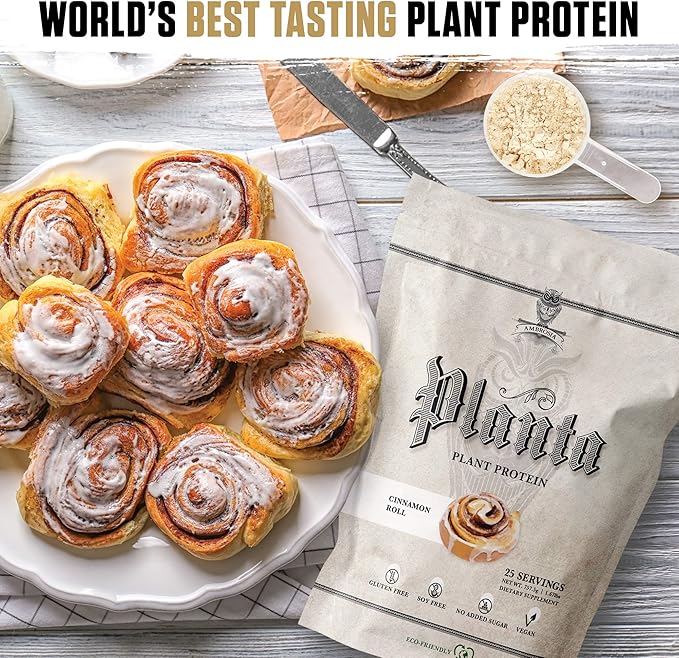 Ambrosia Planta - Premium Plant-Based Protein | Vegan & Keto Friendly | Gourmet Flavors with No Bloating or Stomach Upset | Gluten & Soy Free | No Added Sugar | 25 Servings | Cinnamon Roll