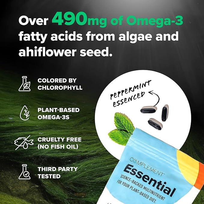 Complement Essential Vegan Multivitamin for Men & Women (60 Servings, 180 Capsules) with Omega-3 DHA & EPA, B12, Vitamin D3 & K2, Zinc, Selenium, Magnesium, Iodine - Supports Immunity & Overall Health