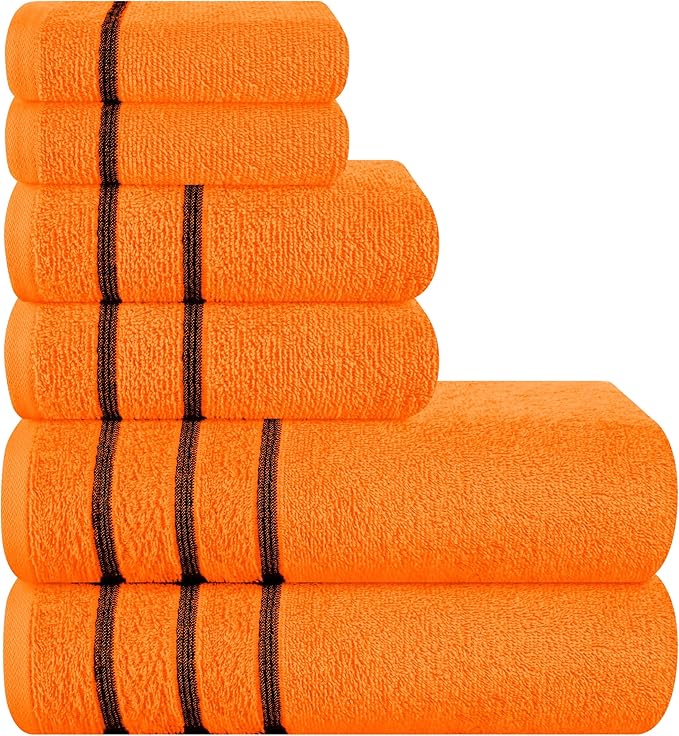 MyOwn Ultra Soft 6 Pack Cotton Towel Set, Contains 2 Bath Towels 28x55 inch, 2 Hand Towels 16x24 inch & 2 Wash Coths 12x12 inch, Ideal Everyday use, Compact & Lightweight - Orange, 71653