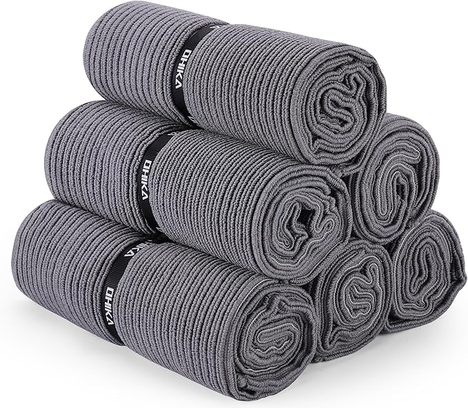 Microfiber Gym Towels with Snap Strap Closure, Ribbed Pattern Sports Towels for Yoga, Home and Outdoor Activities, 27” x 16”, 6 Pack, Grey
