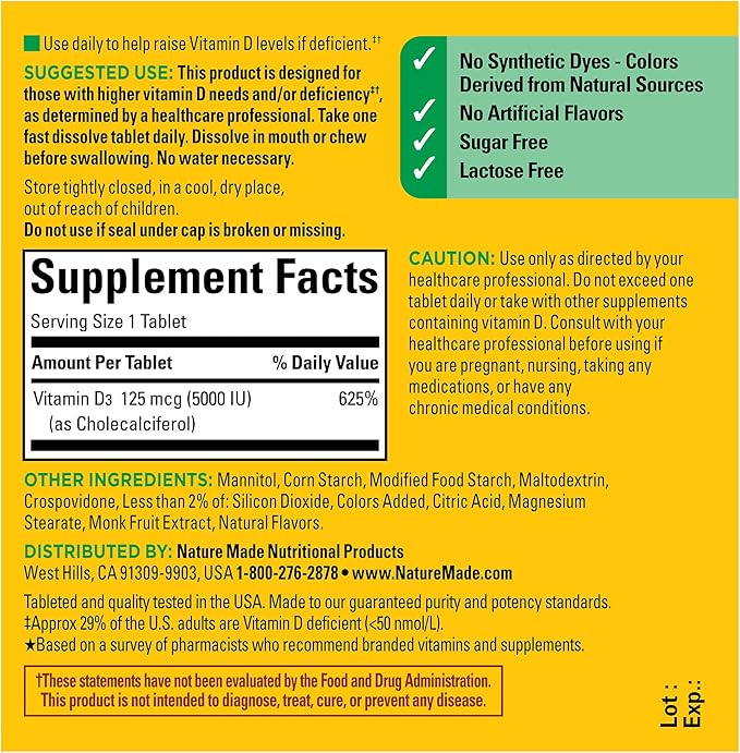 Nature Made Vitamin D3 5000 IU (125 mcg) Extra Strength, Vitamin D Supplement for Immune Support, 70 Sugar Free Fast Dissolve Tablets, 70 Day Supply