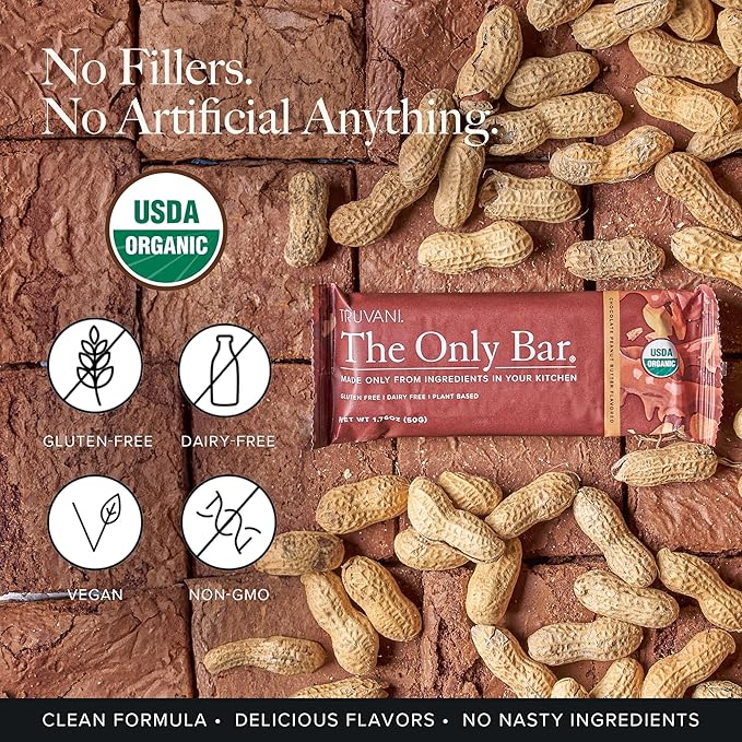 Truvani Plant Based Snack Bars | Chocolate Peanut Butter 12 Pack | 7g Protein | USDA Organic and Vegan | The Only Bar | Dairy, Soy, and Gluten Free | Individually Wrapped
