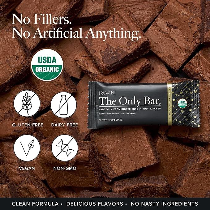 Truvani Plant Based Snack Bars | Chocolate Brownie 4 Pack | 7g Protein | USDA Organic and Vegan | The Only Bar | Dairy, Soy, and Gluten Free | Individually Wrapped