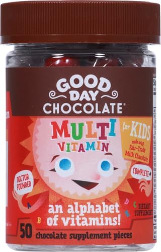 Good Day Chocolate Complete Multivitamin for Kids, Daily Supplement of Vitamins A, B6, B12, C, D, E, Folate and Biotin, Fair Trade and Non-GMO Chocolate, 50 Pieces