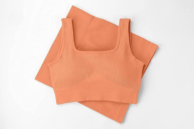 QINSEN Workout Sets for Women 2 Piece Seamless Ribbed Crop Tank High Waist Shorts Yoga Outfits