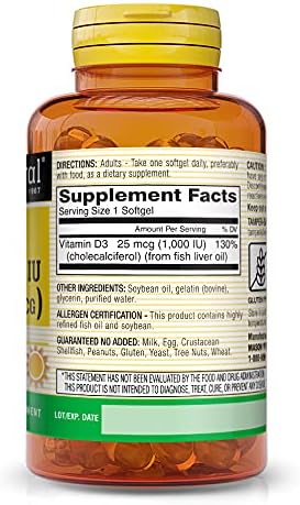 MASON NATURAL Vitamin D3 25 mcg (1000 IU), Bone & Immune Support, from Fish Liver Oil, 60 Softgels (Pack of 3)