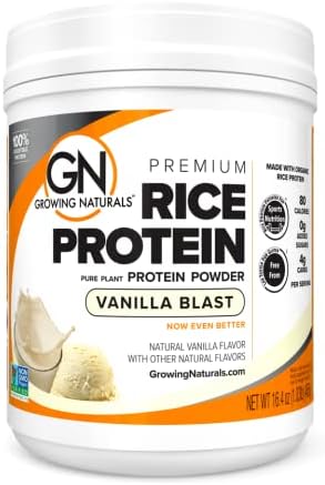 Growing Naturals Organic Rice Protein Powder - 15g Plant Protein, 2.8G BCAA - Low-Carb, Low-Sugar, Non-GMO - Vanilla Blast, 16.4 Ounce (Pack of 1)