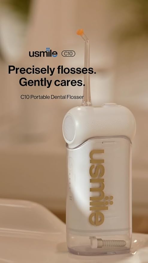 usmile C10 Portable Water Flosser – Travel-Friendly, 95-Day Battery, 4 Modes, 360° Nozzle, 180ml Tank, IPX7 Waterproof, Dentist-Recommended for Braces, Implants & Sensitive Gums (White)