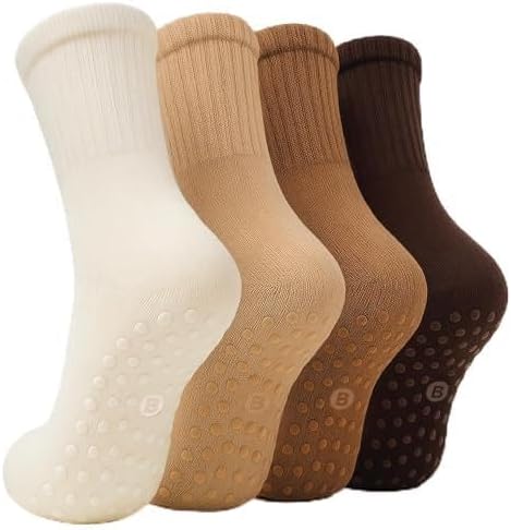 BELINO Pilates Socks for Women with Non Slip Grippers – Crew Socks for Yoga, Barre, Gym, Workout, Hospital 4 Pairs