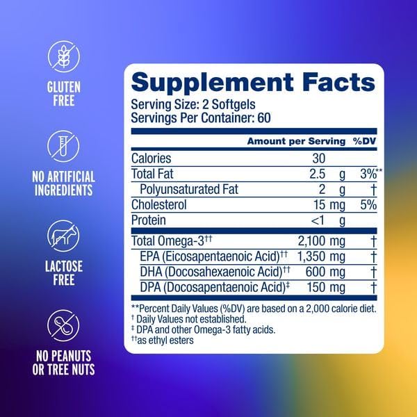 Ocean Blue Omega 3 2100 - Olcenic Blend - 120 Count - 2 Pack - Natural Orange Flavor - No Fishy Aftertaste or Burps - Heart Health - Cholesterol - Eye & Brain Support - Natural Flavor - No Indigestion