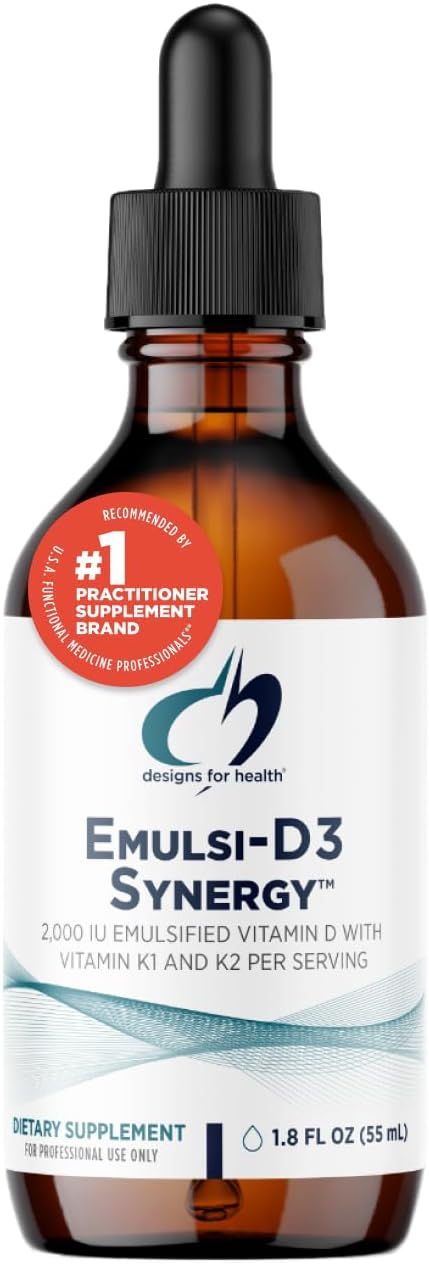 Designs for Health Emulsi-D3 Synergy 2000 IU Vitamin D Liquid with Vitamin K - Emulsified Liquid D3 K2 Drops for Immune System Support & Bone Health - Gluten-Free + Non-GMO (55 Servings / 1.8oz)