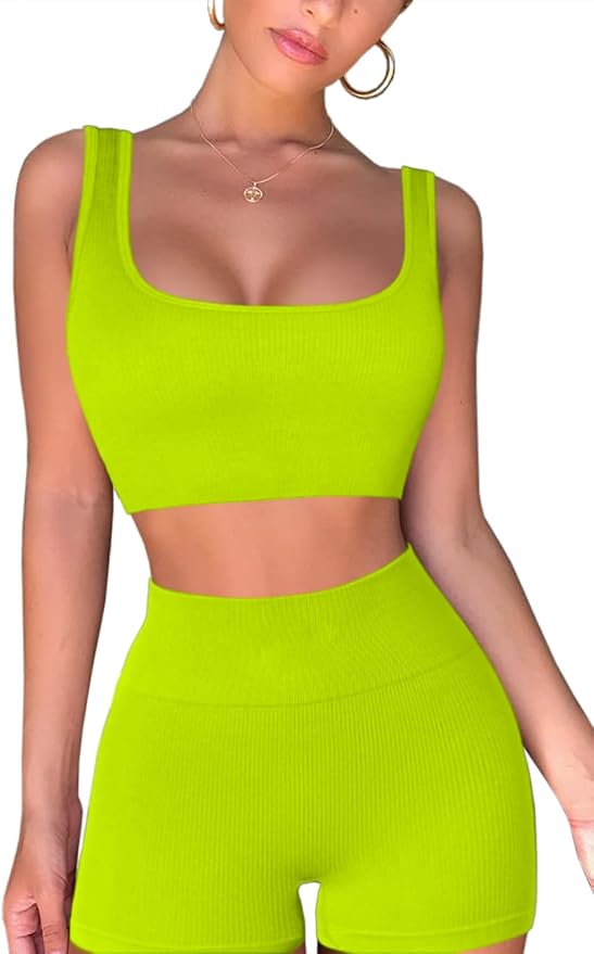 QINSEN Workout Sets for Women 2 Piece Seamless Ribbed Crop Tank High Waist Shorts Yoga Outfits