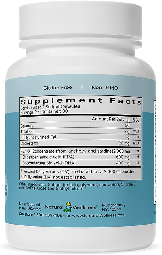 Natural Wellness Super Omega-3 Fish Oil – 600mg EPA & 400mg DHA – High Potency Omega 3 Fish Oil Supplement for Heart, Brain, Joint & Immune Health – Purified, Enteric-Coated Softgels, 60 Count