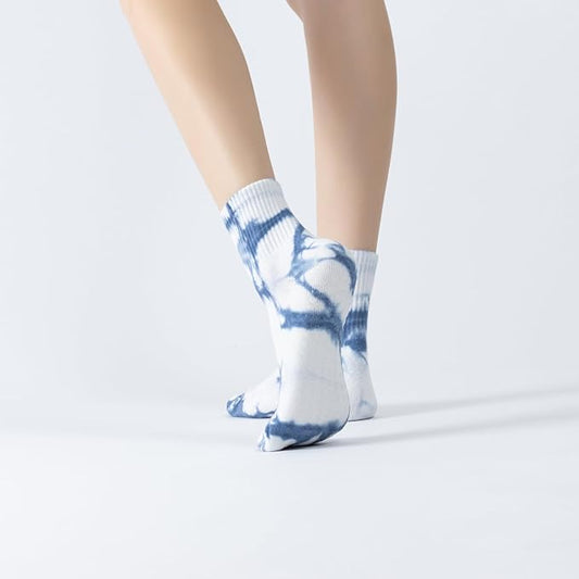 Yoga Pilates Socks with Grips for Women Non Slip Fleece Tie Dye Cushioned Ankle Socks for Barre Ballet Dance